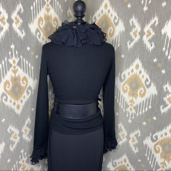Ralph Lauren Black Cashmere Silk Crepe Ruffled V-neck Long Sleeve Sweater - Picture 14 of 16
